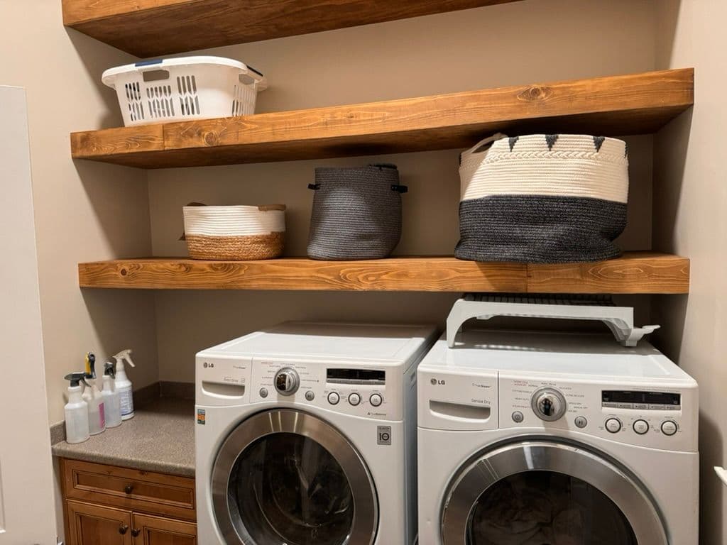 Floating shelves in a tight laundry room space